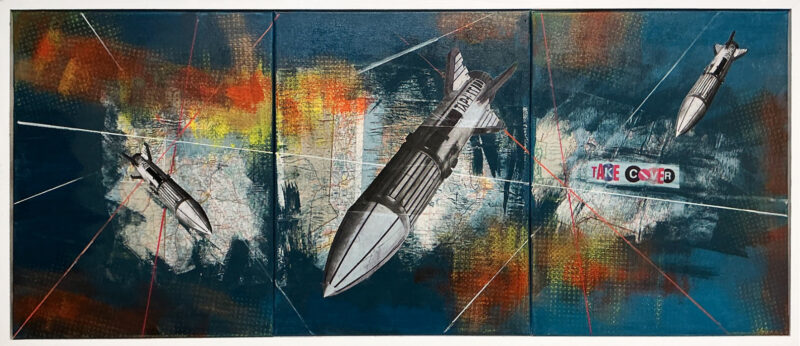 TAKE COVER, 48”x20” (three panels/triptych), mixed media on canvas, 2025
